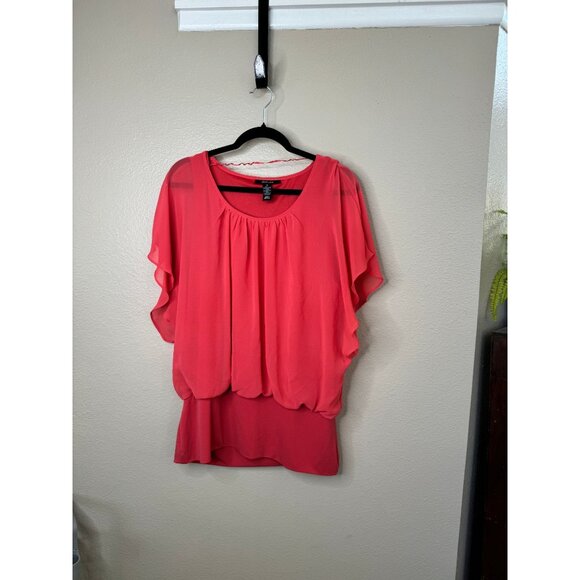 Style‎ & Co Women's Pink/Orange Blouse Size 1X short sleeve elastic round neck - Picture 1 of 6